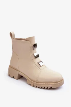 Skórzane Botki Na Płaskim Obcasie Jasnobeżowe Azulenn
