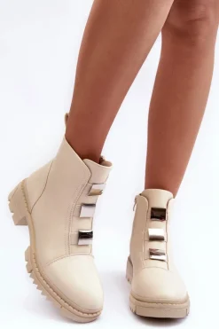 Skórzane Botki Na Płaskim Obcasie Jasnobeżowe Azulenn