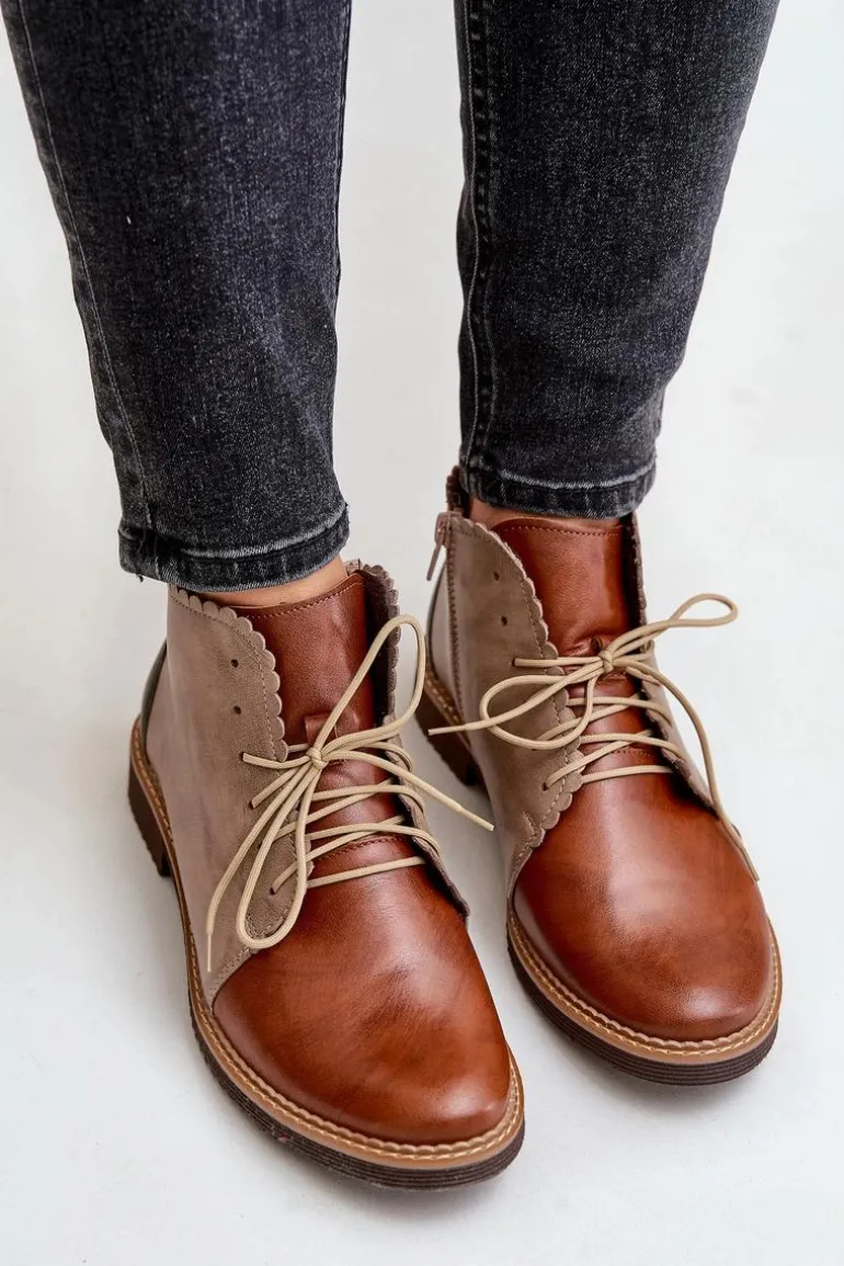 Skórzane Botki Na Płaskim Obcasie Brązowe Zazoo 4078