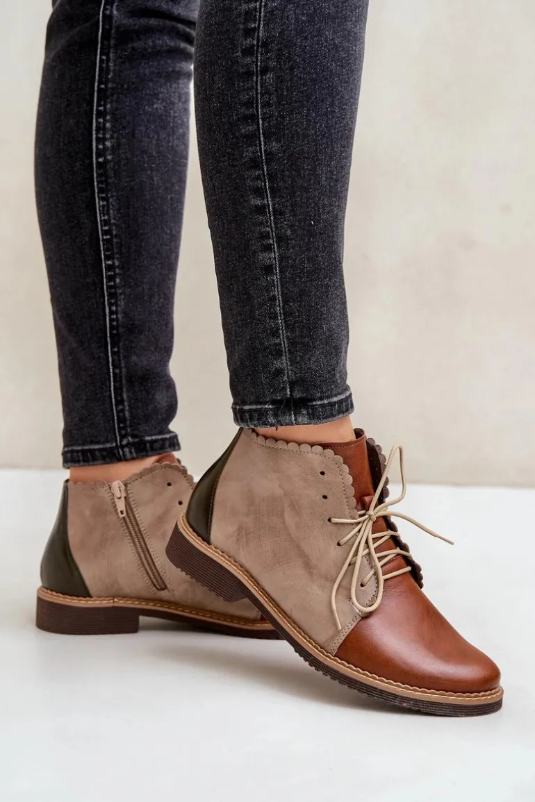 Skórzane Botki Na Płaskim Obcasie Brązowe Zazoo 4078