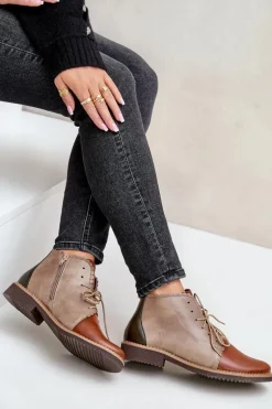 Skórzane Botki Na Płaskim Obcasie Brązowe Zazoo 4078