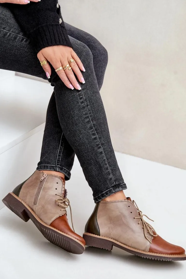 Skórzane Botki Na Płaskim Obcasie Brązowe Zazoo 4078