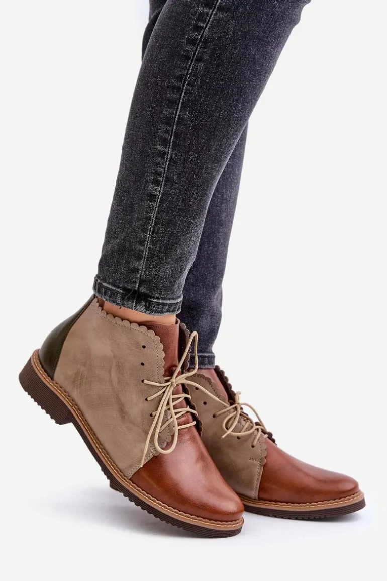 Skórzane Botki Na Płaskim Obcasie Brązowe Zazoo 4078