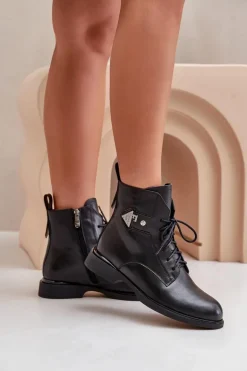 Skórzane Botki Na Płaskim Obcasie Z Ozdobą Ocieplane Maciejka N3115-01 Czarne