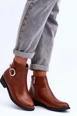 Skórzane Botki Na Płaskim Obcasie Brązowe Meronei