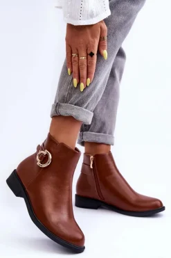 Skórzane Botki Na Płaskim Obcasie Brązowe Meronei