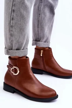 Skórzane Botki Na Płaskim Obcasie Brązowe Meronei