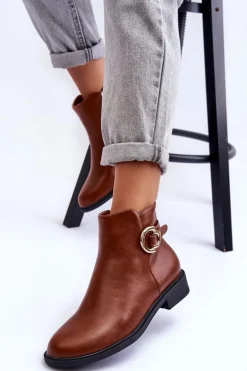 Skórzane Botki Na Płaskim Obcasie Brązowe Meronei