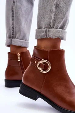 Skórzane Botki Na Płaskim Obcasie Brązowe Meronei