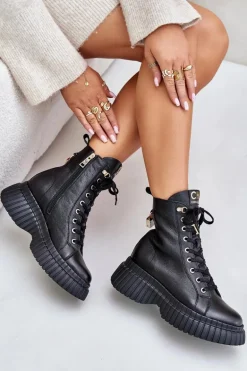 Skórzane Botki Na Platformie Na Zamek Z Ozdobną Kłódką CheBello 4517 Czarne