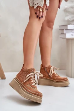 Skórzane Botki Na Platformie I Koturnie Maciejka 06759-29 Brązowe