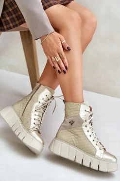 Skórzane Botki Na Platformie Maciejka 06751-25 Złote