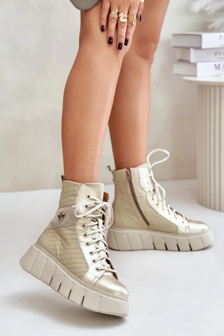 Skórzane Botki Na Platformie Maciejka 06751-25 Złote