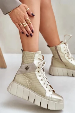 Skórzane Botki Na Platformie Maciejka 06751-25 Złote