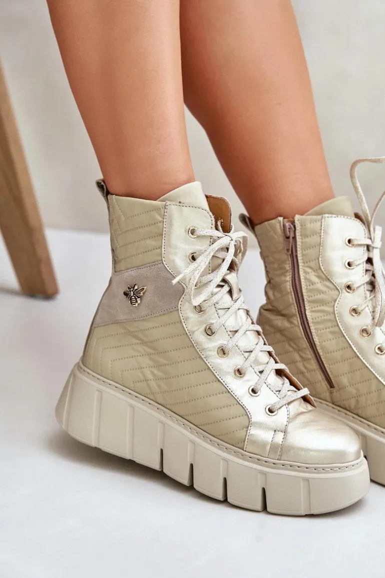 Skórzane Botki Na Platformie Maciejka 06751-25 Złote