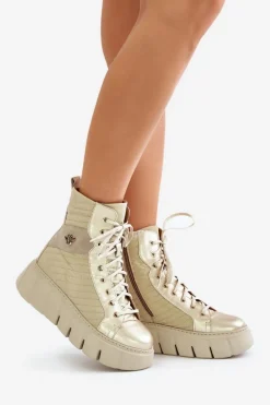 Skórzane Botki Na Platformie Maciejka 06751-25 Złote