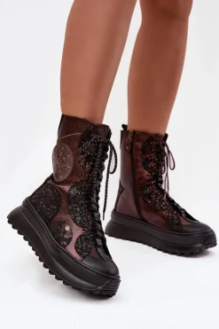 Skórzane Botki Na Platformie Ocieplane Maciejka 06565-02 Brązowo-Złote