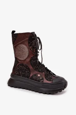 Skórzane Botki Na Platformie Ocieplane Maciejka 06565-02 Brązowo-Złote