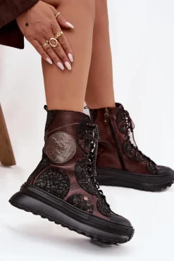 Skórzane Botki Na Platformie Ocieplane Maciejka 06565-02 Brązowo-Złote