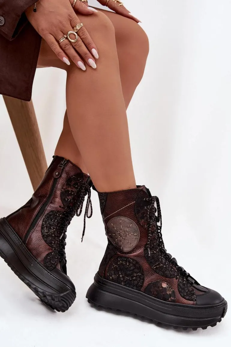 Skórzane Botki Na Platformie Ocieplane Maciejka 06565-02 Brązowo-Złote