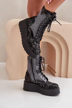 Skórzane Botki Na Platformie I Koturnie Z Wzorzystą Cholewką Maciejka 06720-01 Czarne