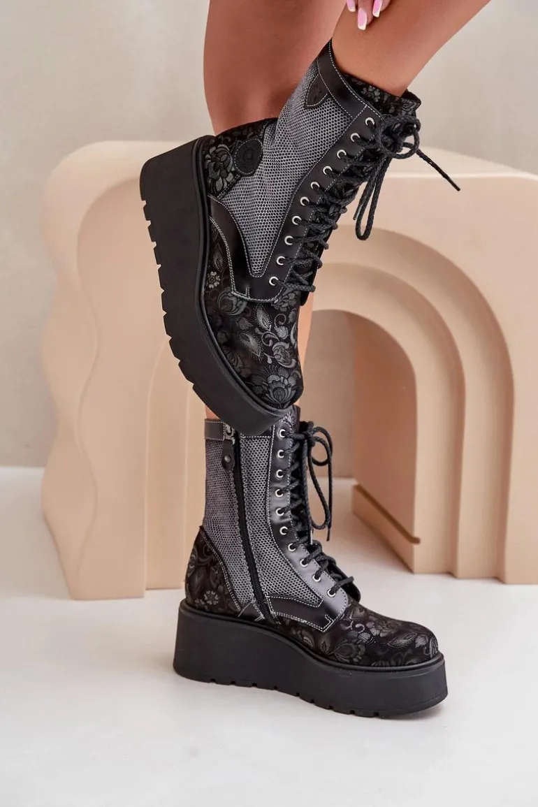 Skórzane Botki Na Platformie I Koturnie Z Wzorzystą Cholewką Maciejka 06720-01 Czarne