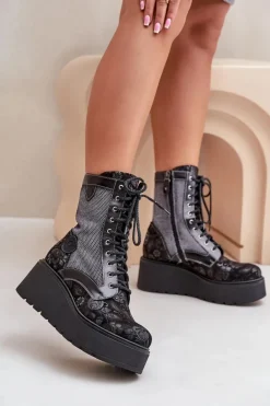 Skórzane Botki Na Platformie I Koturnie Z Wzorzystą Cholewką Maciejka 06720-01 Czarne