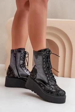 Skórzane Botki Na Platformie I Koturnie Z Wzorzystą Cholewką Maciejka 06720-01 Czarne