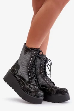 Skórzane Botki Na Platformie I Koturnie Z Wzorzystą Cholewką Maciejka 06720-01 Czarne