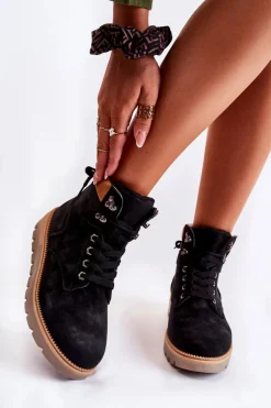 Skórzane Botki Na Platformie Czarne Ressa