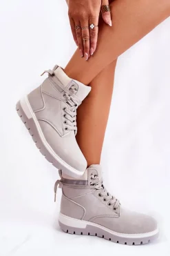 Skórzane Botki Na Platformie Szare Ressa