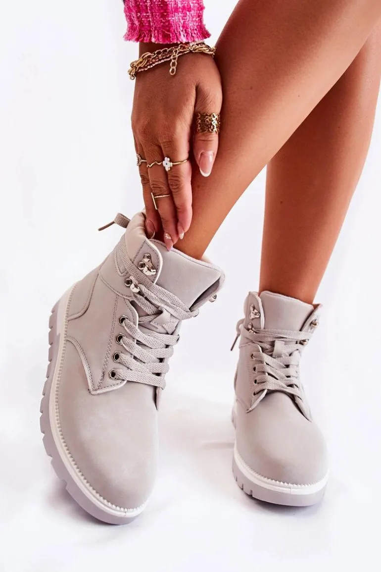 Skórzane Botki Na Platformie Szare Ressa