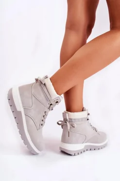 Skórzane Botki Na Platformie Szare Ressa