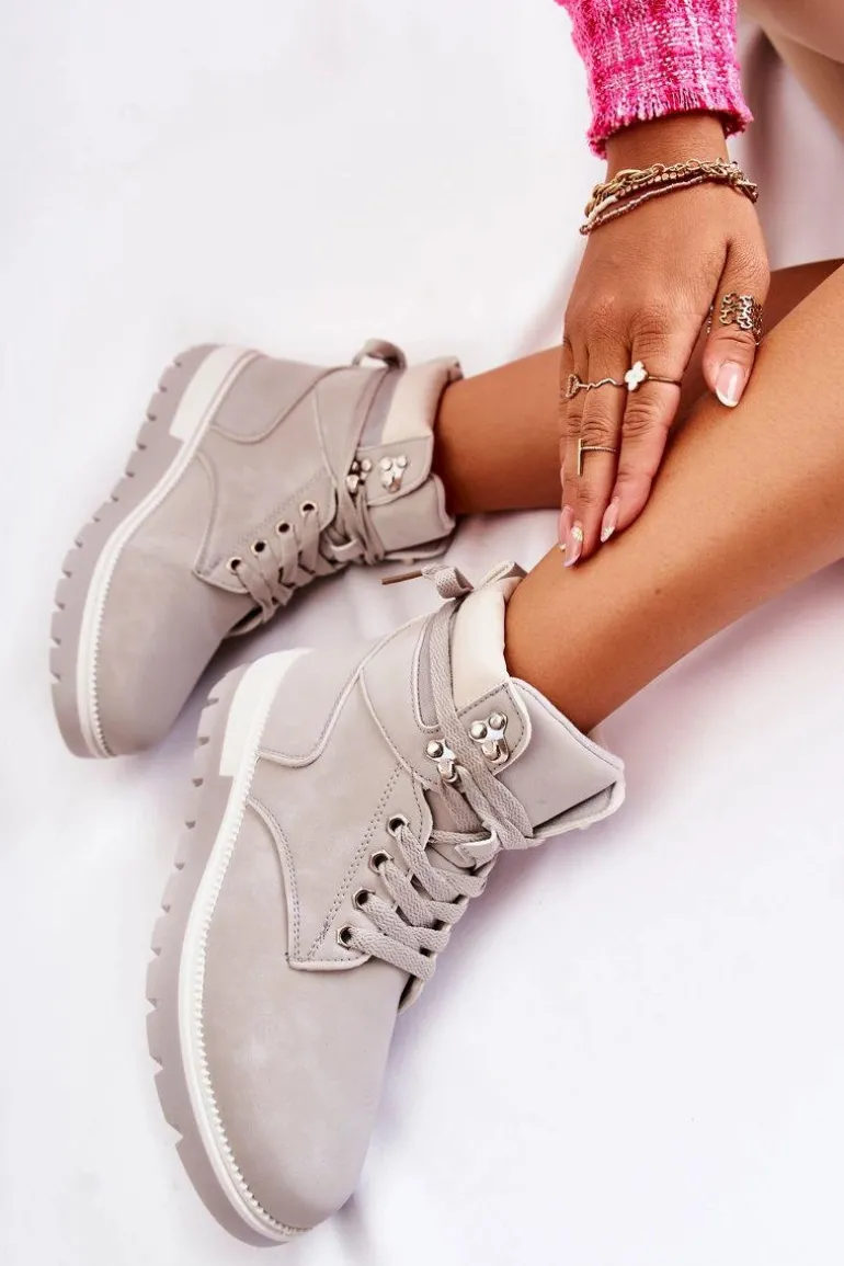 Skórzane Botki Na Platformie Szare Ressa