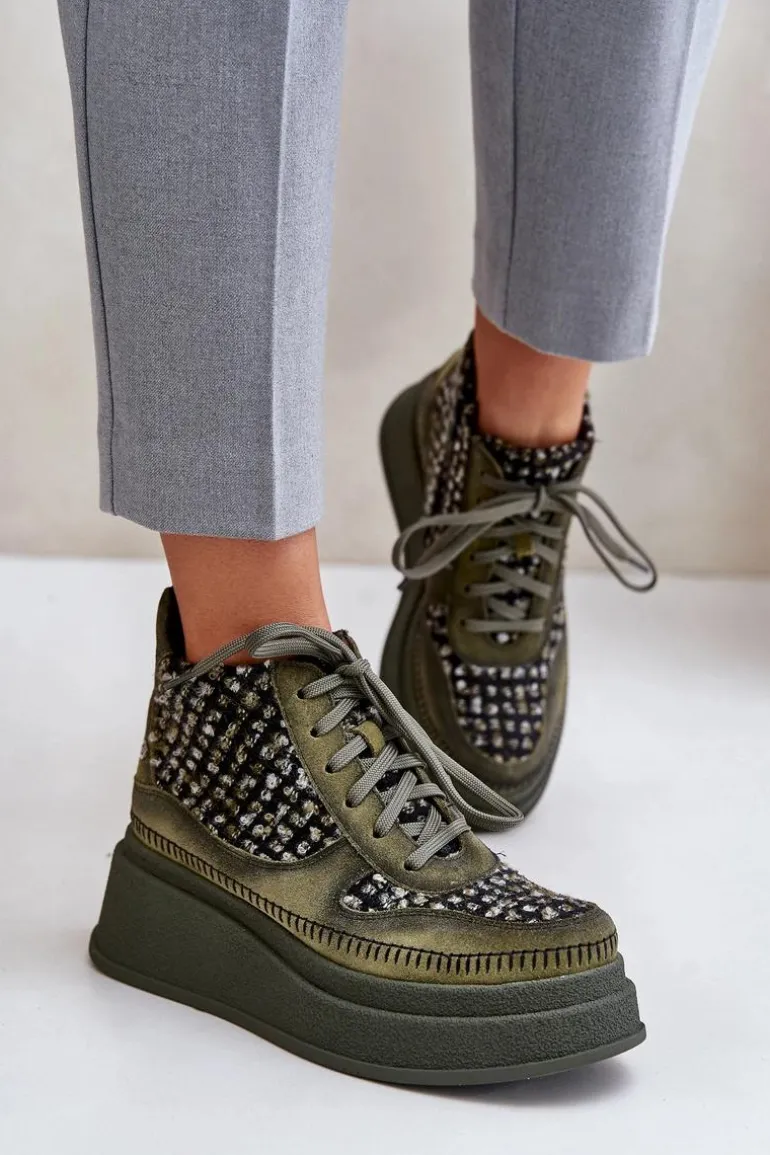 Skórzane Botki Na Platformie I Koturnie Maciejka 06759-09 Zielone