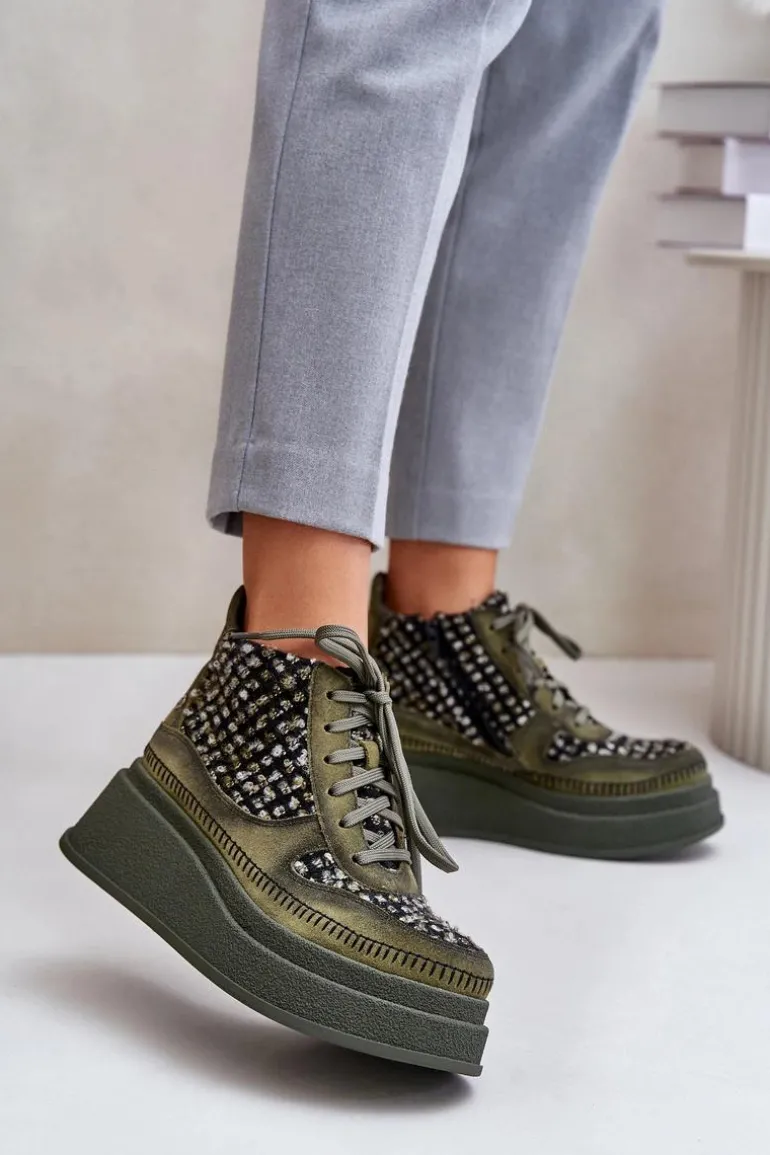 Skórzane Botki Na Platformie I Koturnie Maciejka 06759-09 Zielone