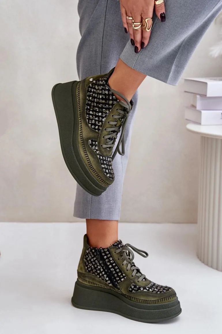 Skórzane Botki Na Platformie I Koturnie Maciejka 06759-09 Zielone