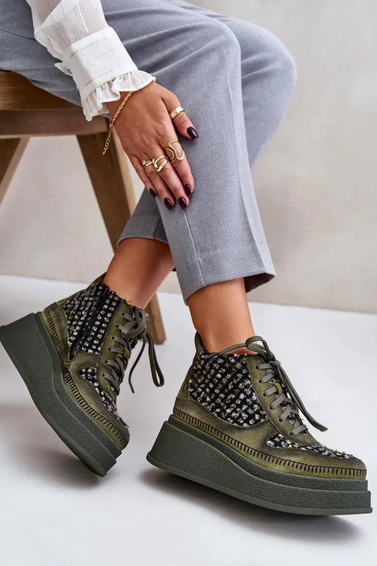 Skórzane Botki Na Platformie I Koturnie Maciejka 06759-09 Zielone