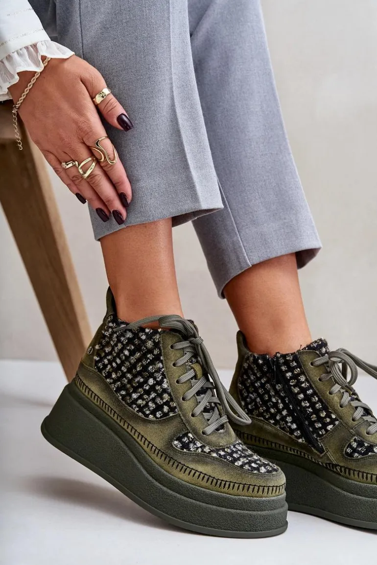 Skórzane Botki Na Platformie I Koturnie Maciejka 06759-09 Zielone