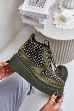 Skórzane Botki Na Platformie I Koturnie Maciejka 06759-09 Zielone