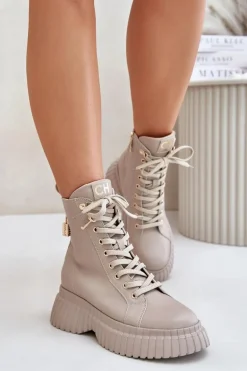 Skórzane Botki Na Platformie Na Zamek Z Ozdobną Kłódką CheBello 4517 Beżowe
