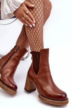Skórzane Botki Na Słupku Brązowe Lemar Liresa