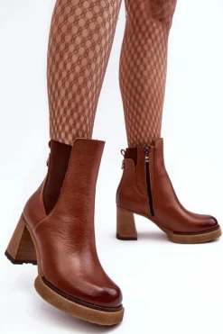 Skórzane Botki Na Słupku Brązowe Lemar Liresa