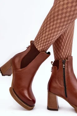 Skórzane Botki Na Słupku Brązowe Lemar Liresa