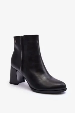 Skórzane Botki Na Słupku Czarne Popilla