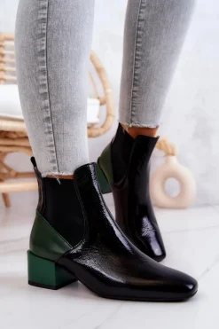 Skórzane Botki Na Słupku Czarno-Zielone Kailey
