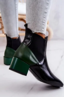 Skórzane Botki Na Słupku Czarno-Zielone Kailey