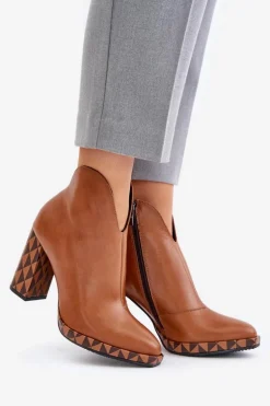 Skórzane Botki Na Słupku Laura Messi 2836 Brązowe