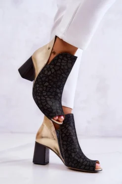 Skórzane Botki Na Słupku Maciejka 05507-01 Czarno-Złote