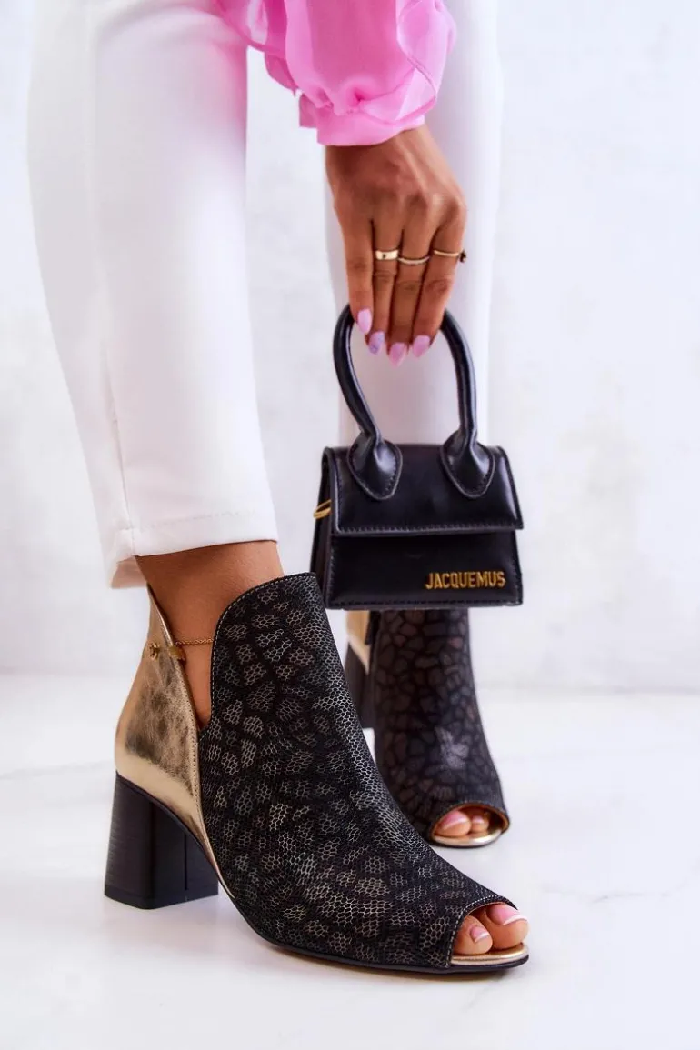 Skórzane Botki Na Słupku Maciejka 05507-01 Czarno-Złote